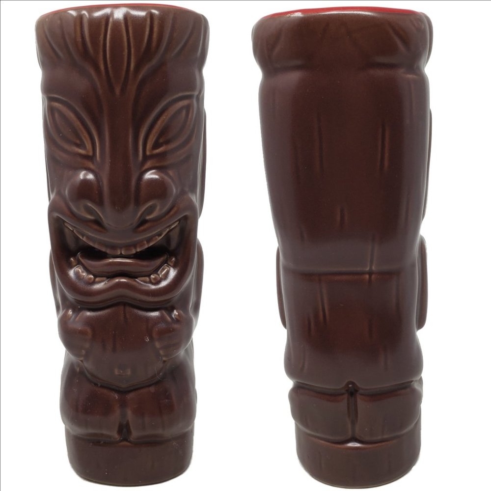 Large OGGI Tiki Mug Glass Tumbler Vase 23oz Brown Exterior Red Interior